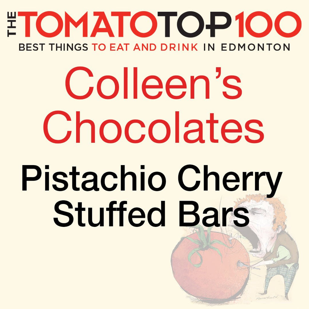 Pistachio and Tart cherry, with Tiger striped Caramelized and Dark chocolates - Colleen's Chocolates