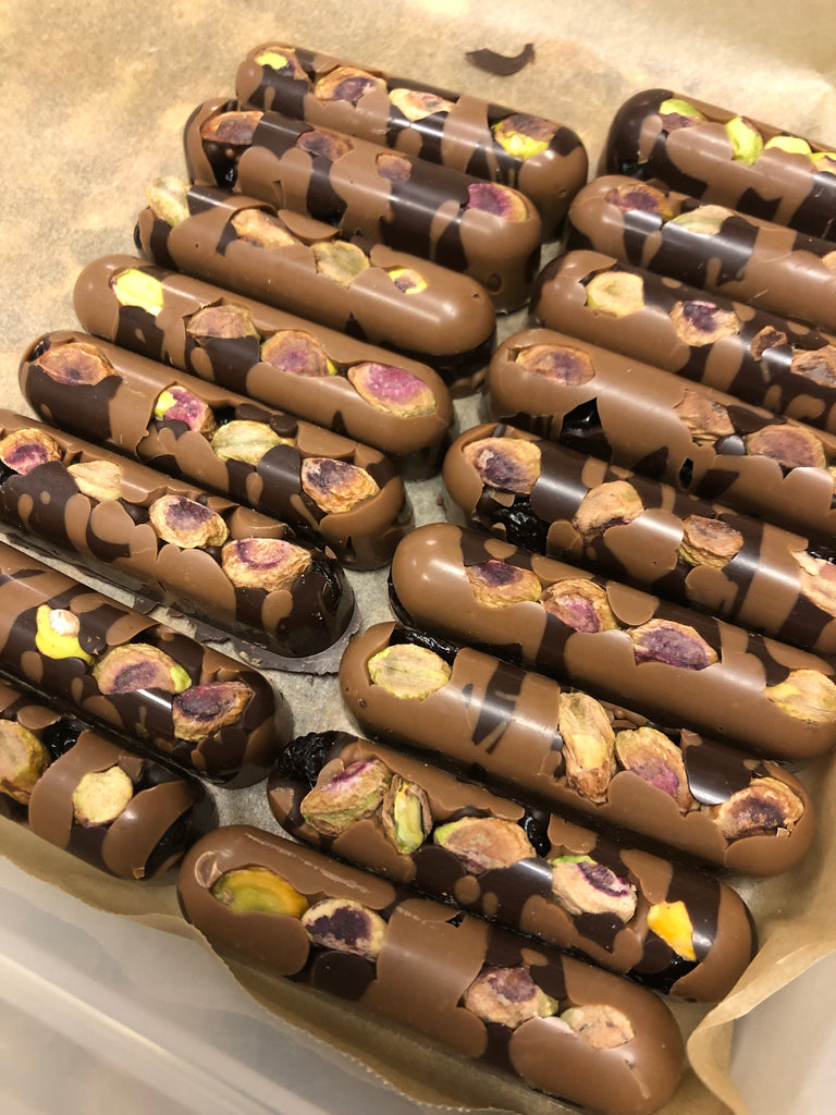 Pistachio and Tart cherry, with Tiger striped Caramelized and Dark chocolates - Premium  from Colleen's Chocolates - Just $4! Shop now at Colleen's Chocolates